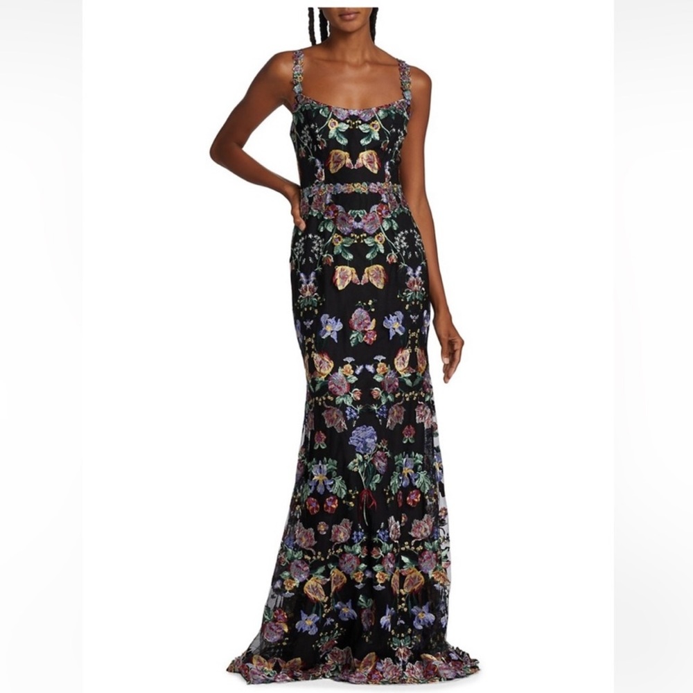 Marchesa Notte Embroidered Floral Fitted Gown
